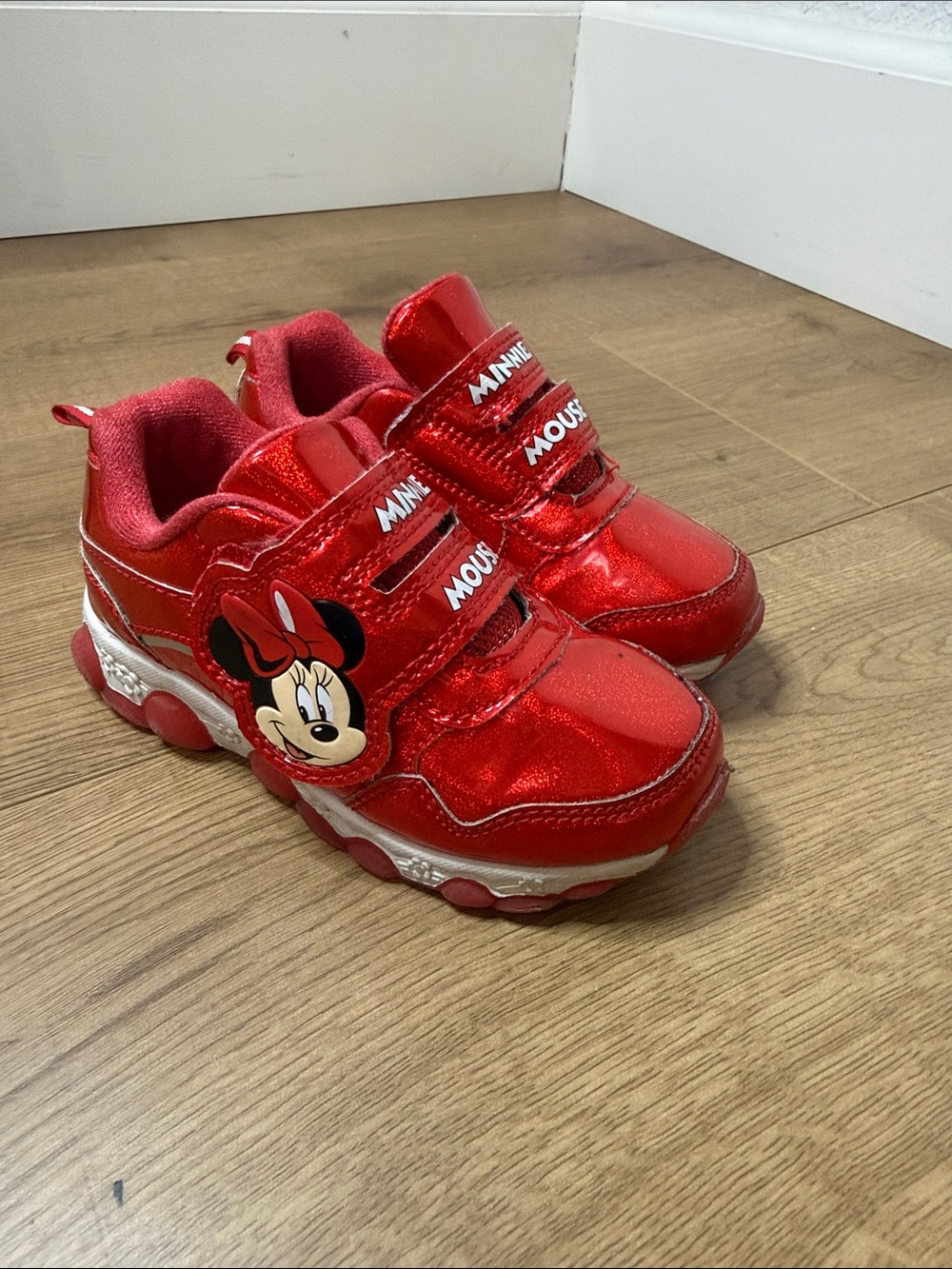 Kids Minnie Mouse Red Glitter Light-Up Sneakers with Hook-and-Loop Straps